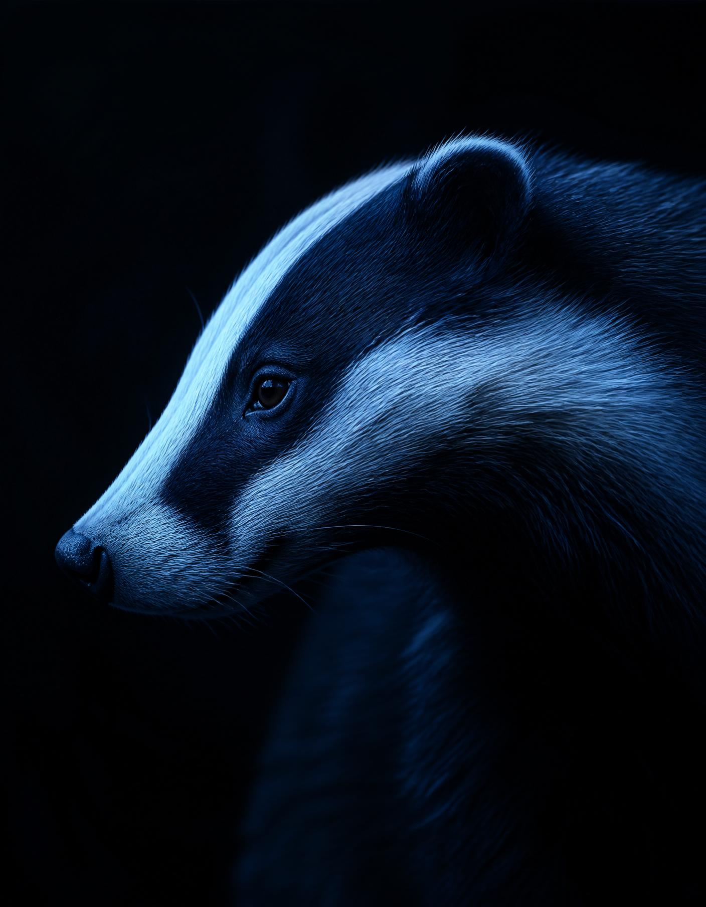 Badger portrait in blue moonlight