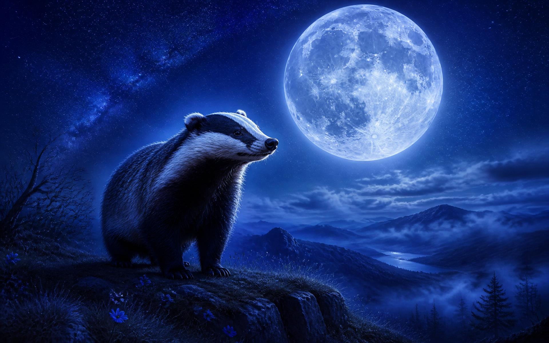 A badger beneath a full moon